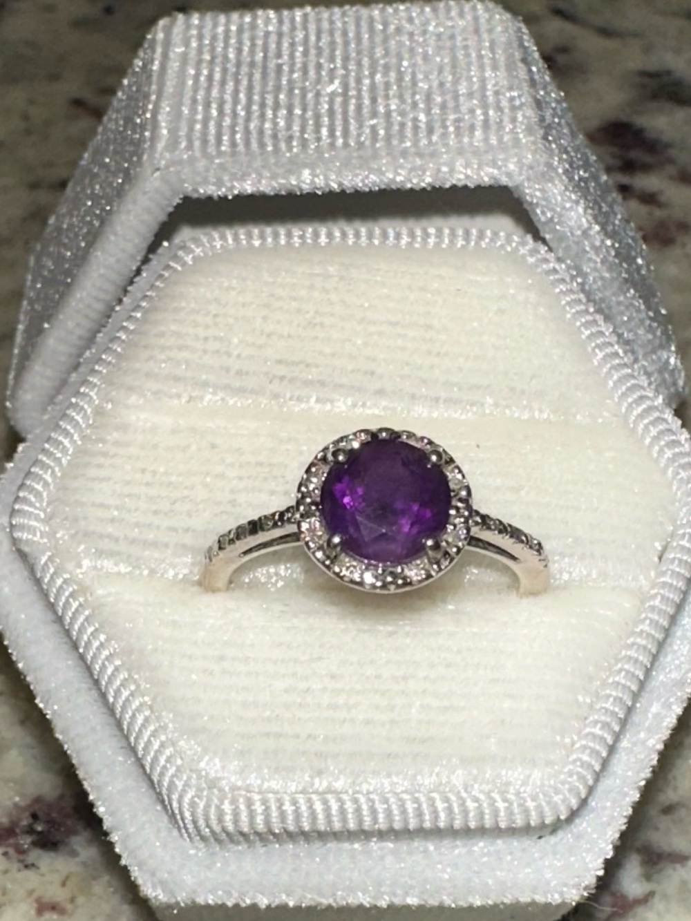 Purple Amethyst Halo Ring in Sterling-Style Setting